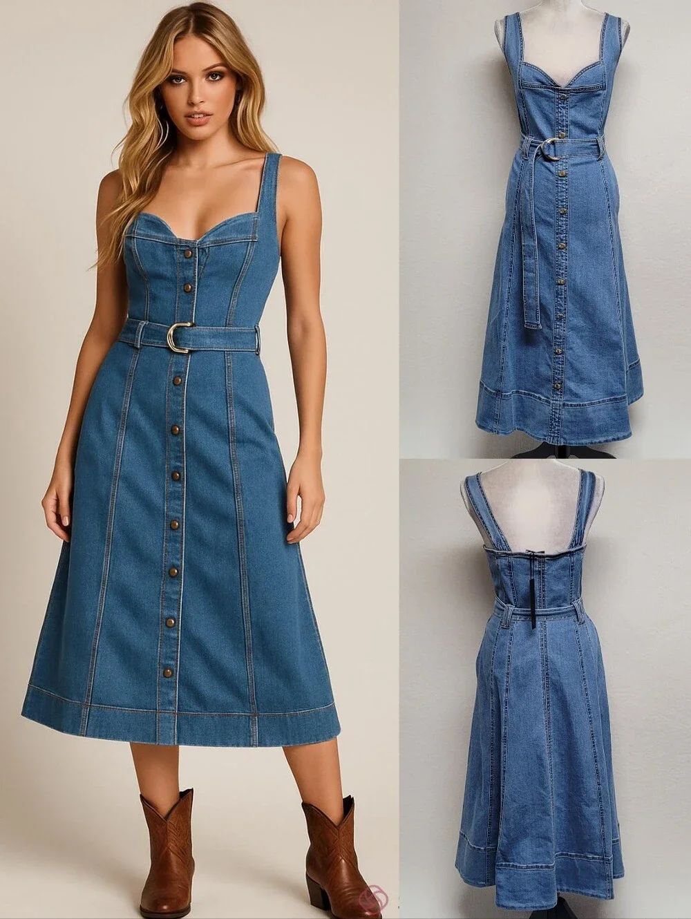 House of Harlow Stretchy Denim Belted Sweetheart Neck Fit & Flare Midi Dress 10 - Picture 1 of 13